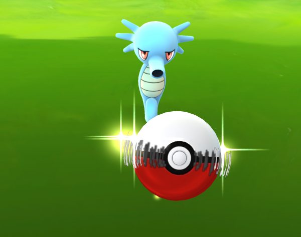 Clearly, this Horsea doesn't want to get in the Pokeball. 